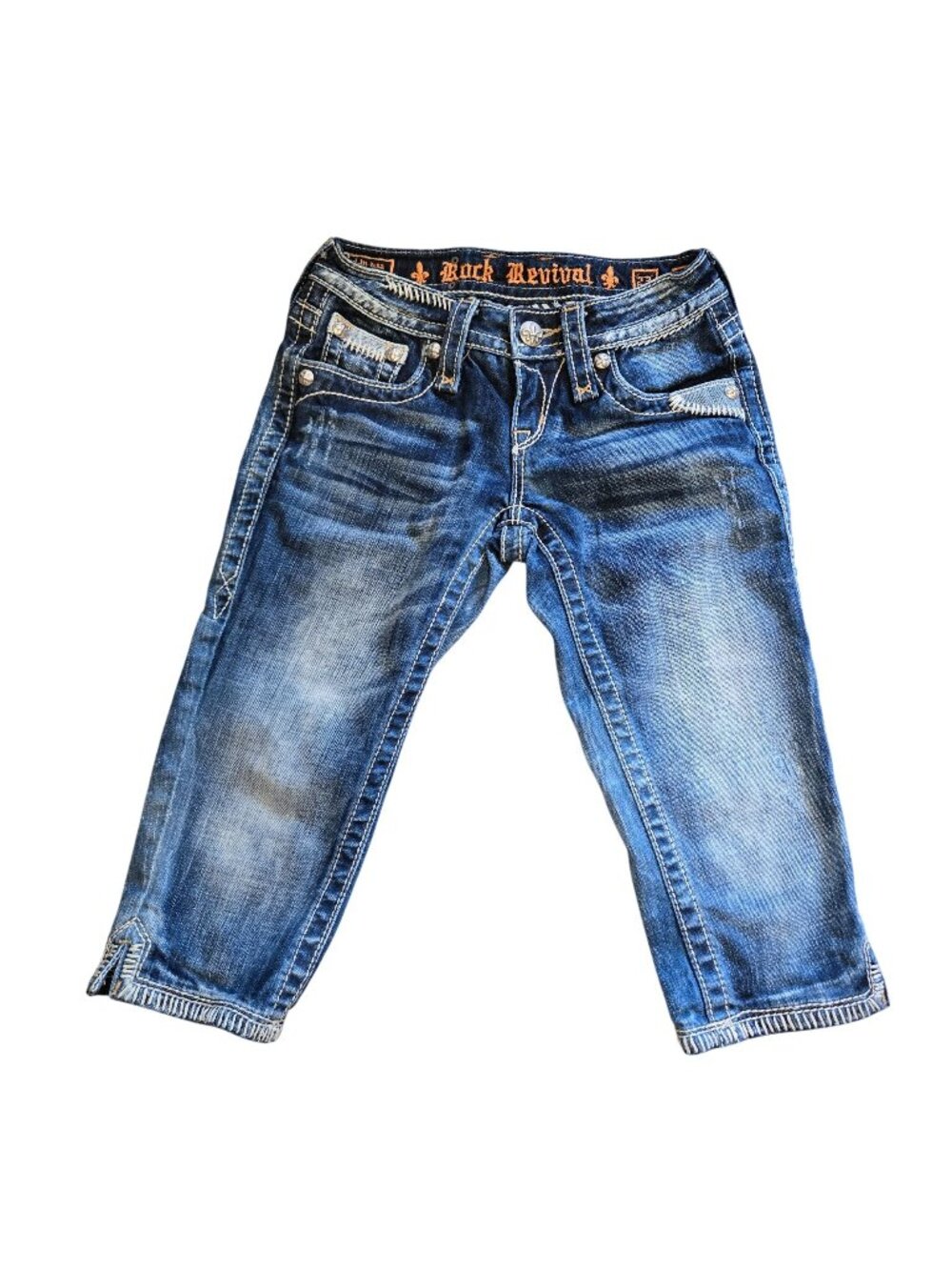Rock Revival Karlie Capri Denim Blue Jeans Buckle Whiskered Embroidered Size 23